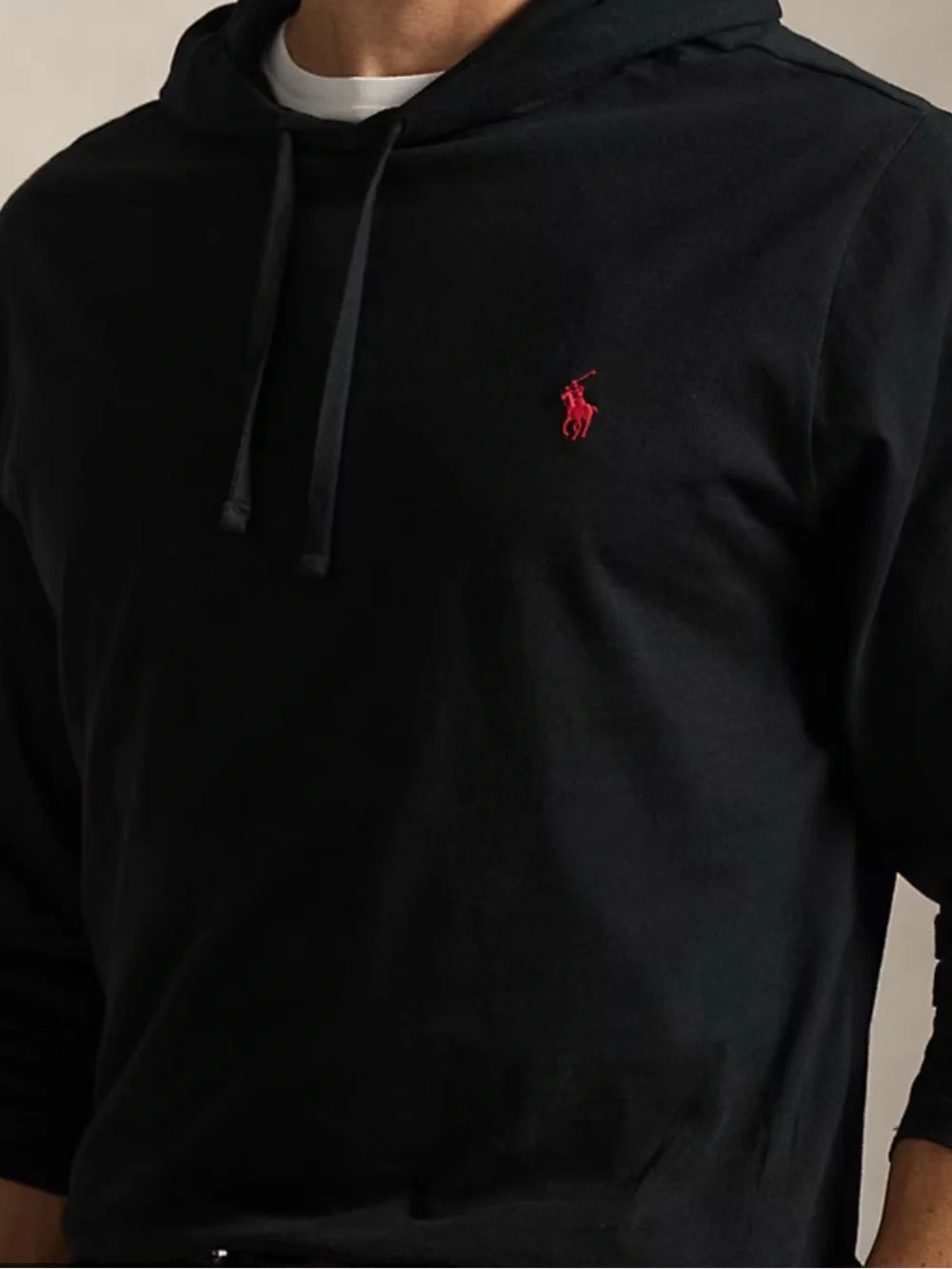 Black Hooded Long-Sleeve Shirt with Red Logo